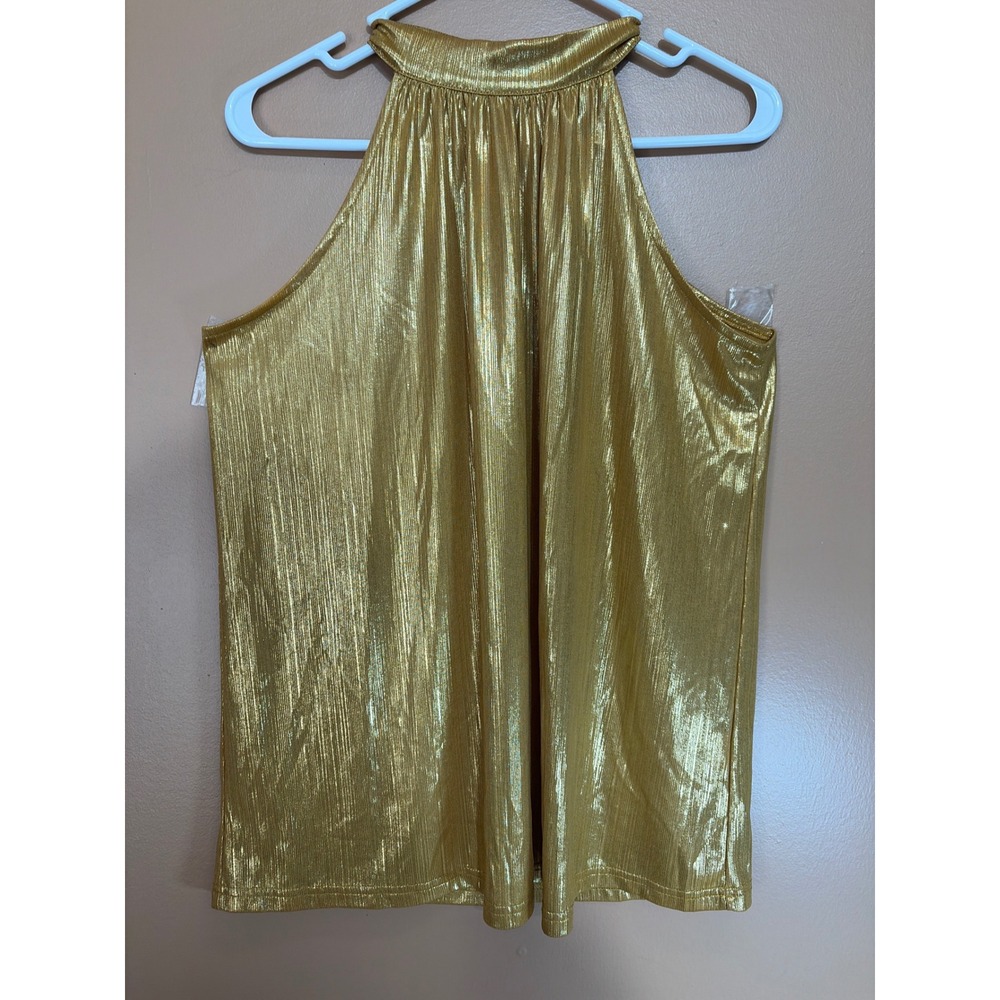 Pesion Gold Metallic Halter Top Pleated Shimmer Sleeveless Blouse Medium
